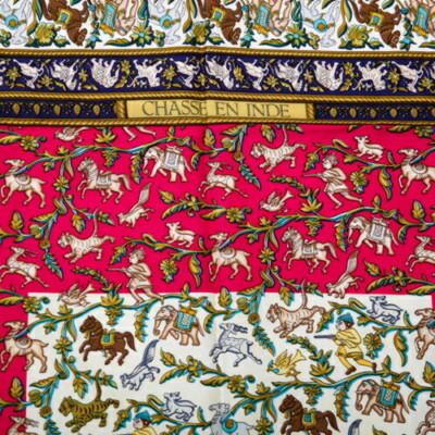 HERMES Scarf Carre 90 Silk CHASSE EN INDE Large Size Blue/Red