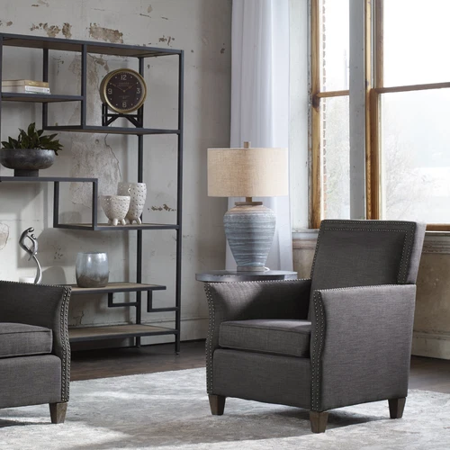 Rustic Bohemian Round Aqua Blue Gray Table Lamp | Ceramic Vintage Style Cottage - Picture 4 of 10