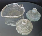 Hobnail Opalescent White Moonstone Fenton 3 Pcs. Candlesticks Candy Dish Vintage