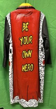 Womens Ooak Handpainted Super Hero Leather Trench Coat Sz L Upcycled Artsy