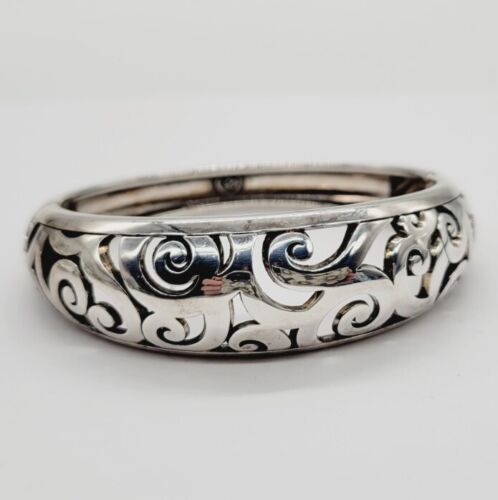Brighton Hinged Bangle Bracelet Silver tone Wide Oval Scroll work - Picture 1 of 6