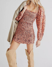 Free People Smock It To Me Mini Dress Apricot Combo Size L 1684