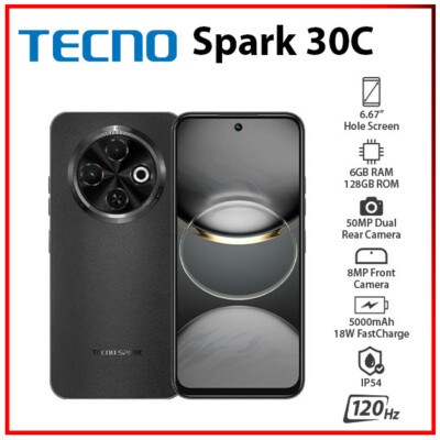 (New) TECNO Spark 30C 6GB+128GB BLACK Dual SIM Unlocked Android Cell Phone