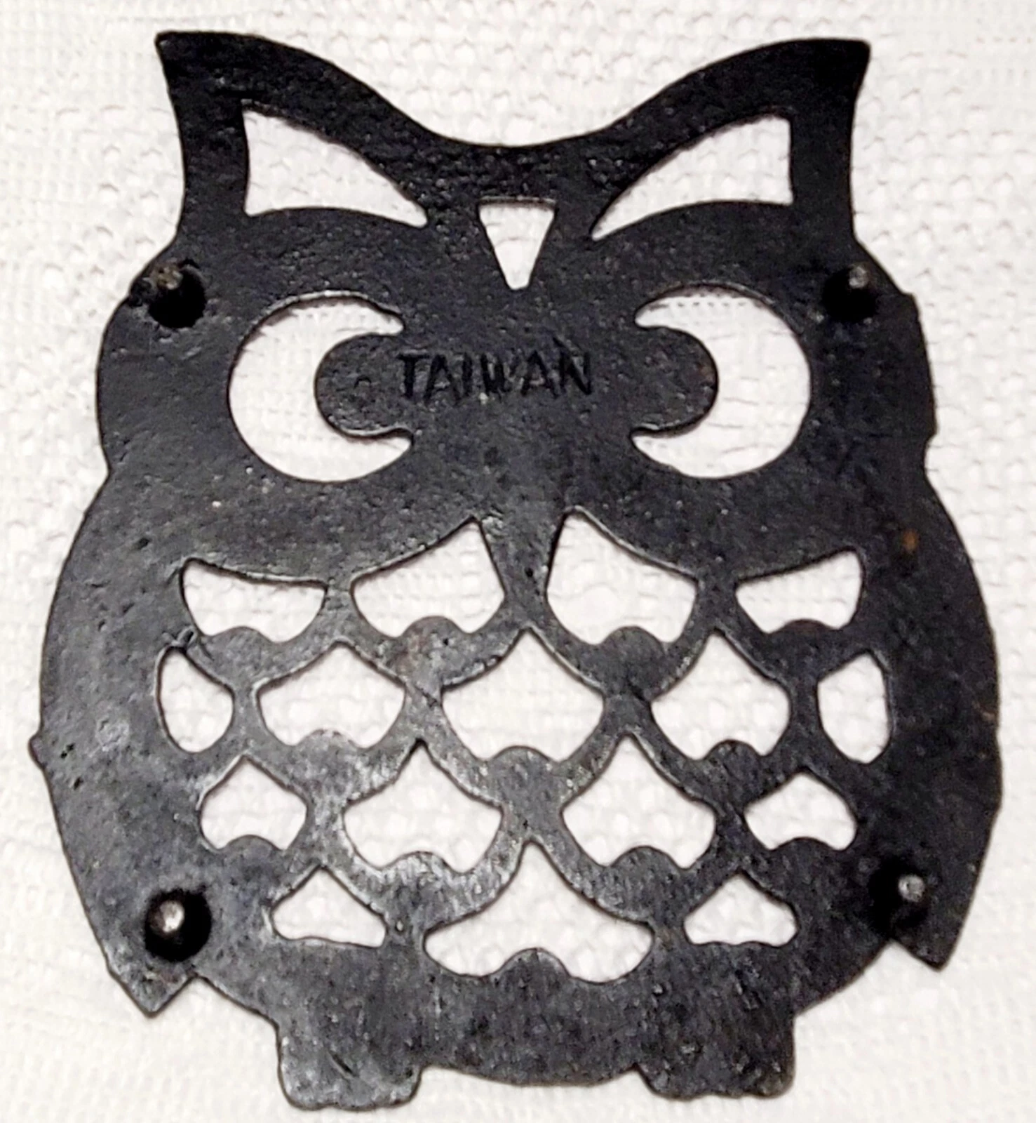 MCM Black Cast Iron Owl Trivet & 2 Owl Pot Holders St. Mary's Philippines Vtg image 3