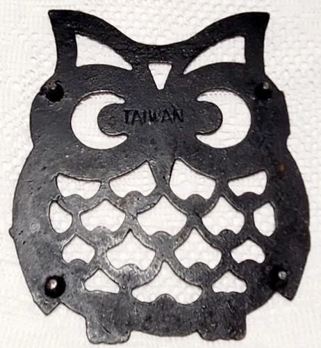 MCM Black Cast Iron Owl Trivet & 2 Owl Pot Holders St. Mary's Philippines Vtg image 3