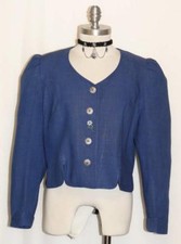 BLUE LINEN German Women SUMMER Fitted FLOWER Dress Suit JACKET Coat / 42 10 M