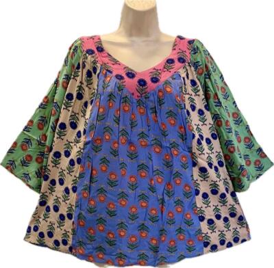 Sacred Threads Hippie Boho Festival Patchwork V Neck Smock Top 224242 L/XL