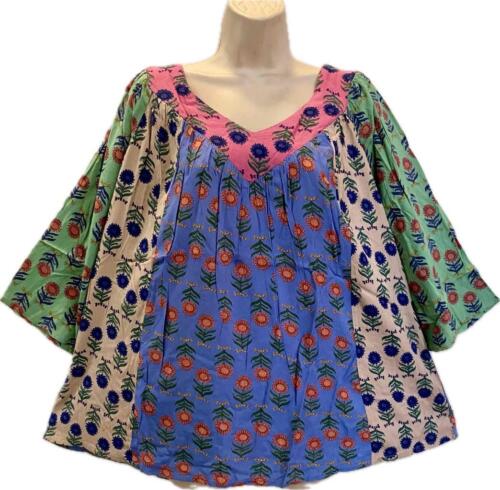 Sacred Threads Hippie Boho Festival Patchwork V Neck Smock Top 224242 L/XL - 第 1/6 張圖片