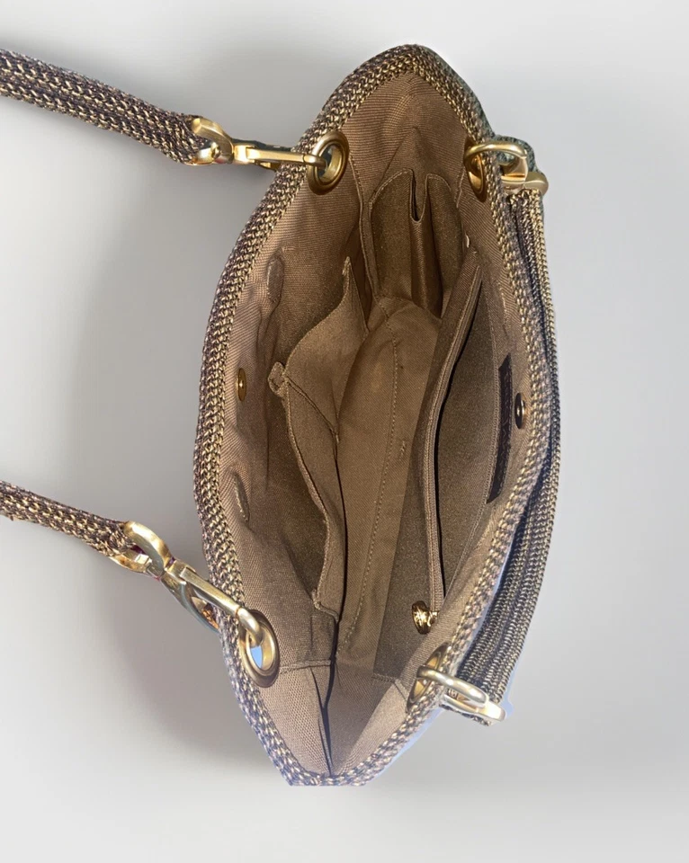 Bolso de Mano Eric Javits Metálico Dorado Marrón Squishee Rafia Bolso Cartera Defectos Foto 4 de 4
