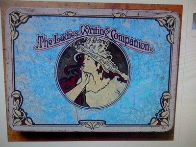 Huntley Boorne & Stevens British Tinplate Ladies Writing,mucha style,ca 1910