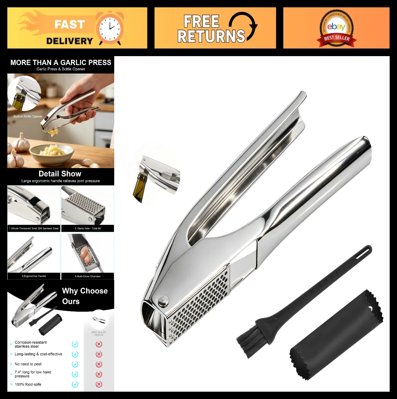 Stainless Steel Garlic Press & Mincer - No Peel, Ergonomic Handle, Rust Proof, D
Opens in a new wind