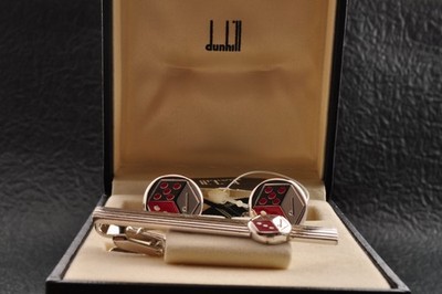 ''Dunhill'' silver and red color Cufflinks and Tie clip with brand case and tag.