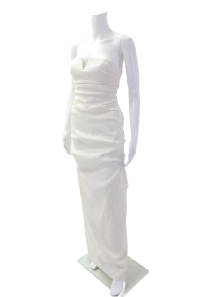 Vestido Nicole Miller para mujer fruncido bordado sin tirantes hasta el suelo blanco talla 6 Foto 2 de 4