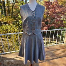 Womens 70s Vintage Skirt Waist Coat Vest Blue Red Corduroy Plaid Outfit Set S/M 