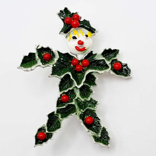 Christmas Holly Man Figural Scarecrow Berry Leaves Vtg 1960s Brooch Pin Beatrix - Picture 4 of 24