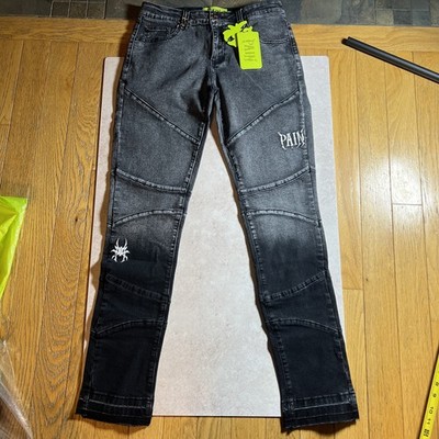 Pain Lab Black Fade Stacked Denim 32 . Embroidered Open Hem Designer Mens Jeans