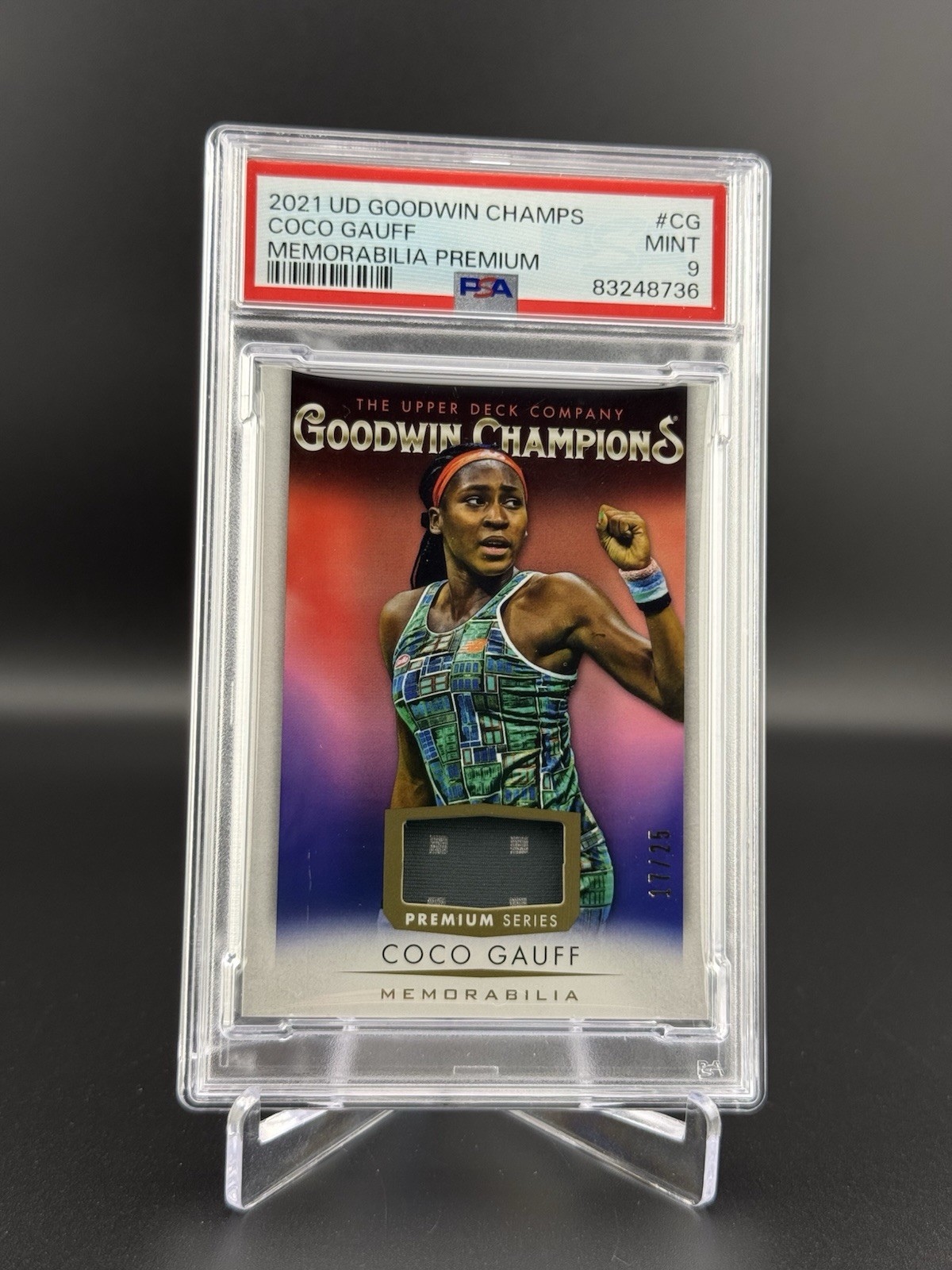 2021 UD Goodwin Champions - Memorabilia Coco Gauff #M-CG Premium /25 (RC) PSA 9