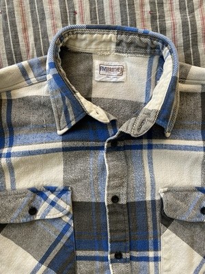 Vintage Five Brother Flannel Shirt Heavy Cotton Blue Plaid Size 2XL USA Big Size
