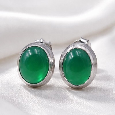 Jade Ohrstecker Silber 925 Ohrringe Stecker oval Sterlingsilber Grün  ts