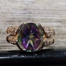 Mystic Blue Topaz Ring Vintage Golden 925 Sterling Silver Size 8