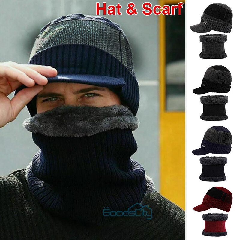 Men Women Winter Baggy Slouchy Knit Warm Beanie Hat with Brim Caps