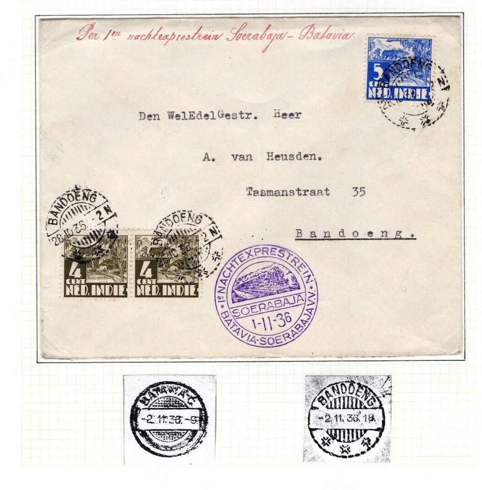 Cubierta de las Indias Orientales Holandesas Bandoeng Night Express Cachet Railway Batavia 1936 DL106 - Imagen 2 de 4
