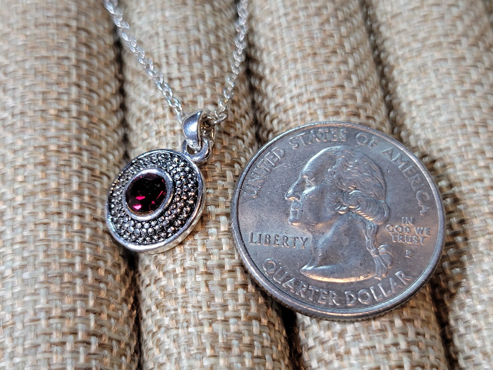 Silver Tone Ruby Red Rhinestone Pendant with 18" … - image 4