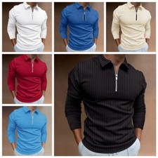 Polo Shirt Men Zipper Collar Quarter Zip Dress Long Sleeve Golf Blue Black White