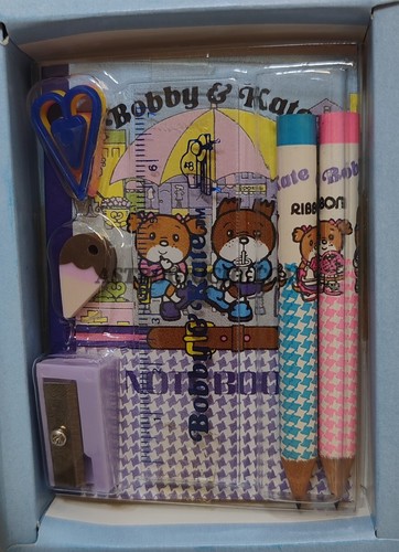 BOBBY KATE PENCIL SET STATIONERY RIBBON JAPAN VINTAGE 1981 NEW IN SEALED BOX - Picture 2 of 6
