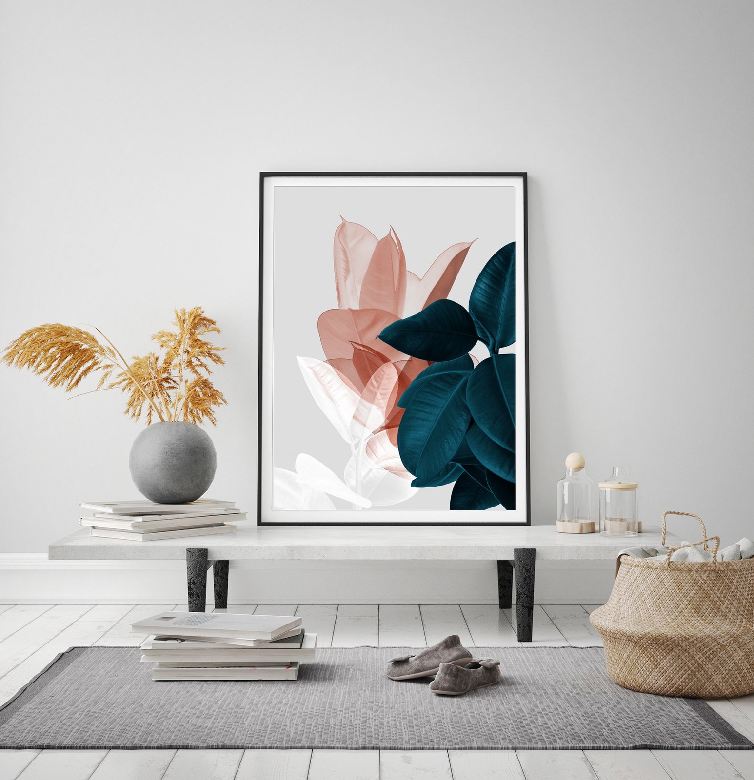 Blue Plant Print Botanical Poster Print Art Blush Pink Leaves Above Bed Wall