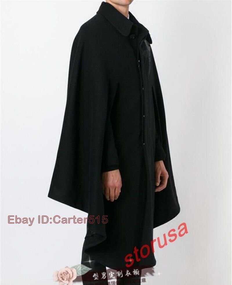 Men's Black Wool Blend Cape Coat Asymmetric Hem Loose Fit Men's Black Wool Blend Cape Coat Asymmetric Hem Loose Fit