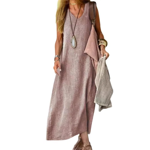Maxi vestido sin mangas informal de lino de algodón liso para mujer con cuello redondo - Imagen 4 de 20