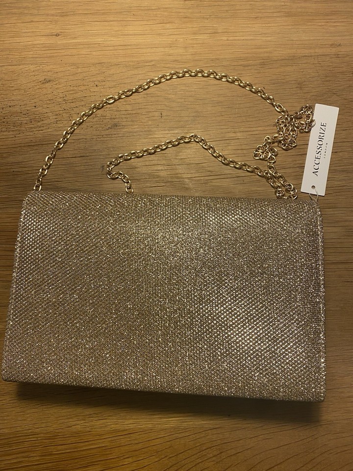 Accessorise Women's Evening Bag Sparkly Gold, with chain or clutch eBay