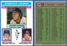 1976 Topps #204, '75 A.L. Strikeout Leaders, HOF Blyleven, HOF Perry, Tanana