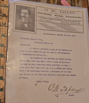 Rare 1910 O.W. TAPLEY ELLSWORTH MAINE ME INSURANCE  REAL ESTATE Photo LETTERhead