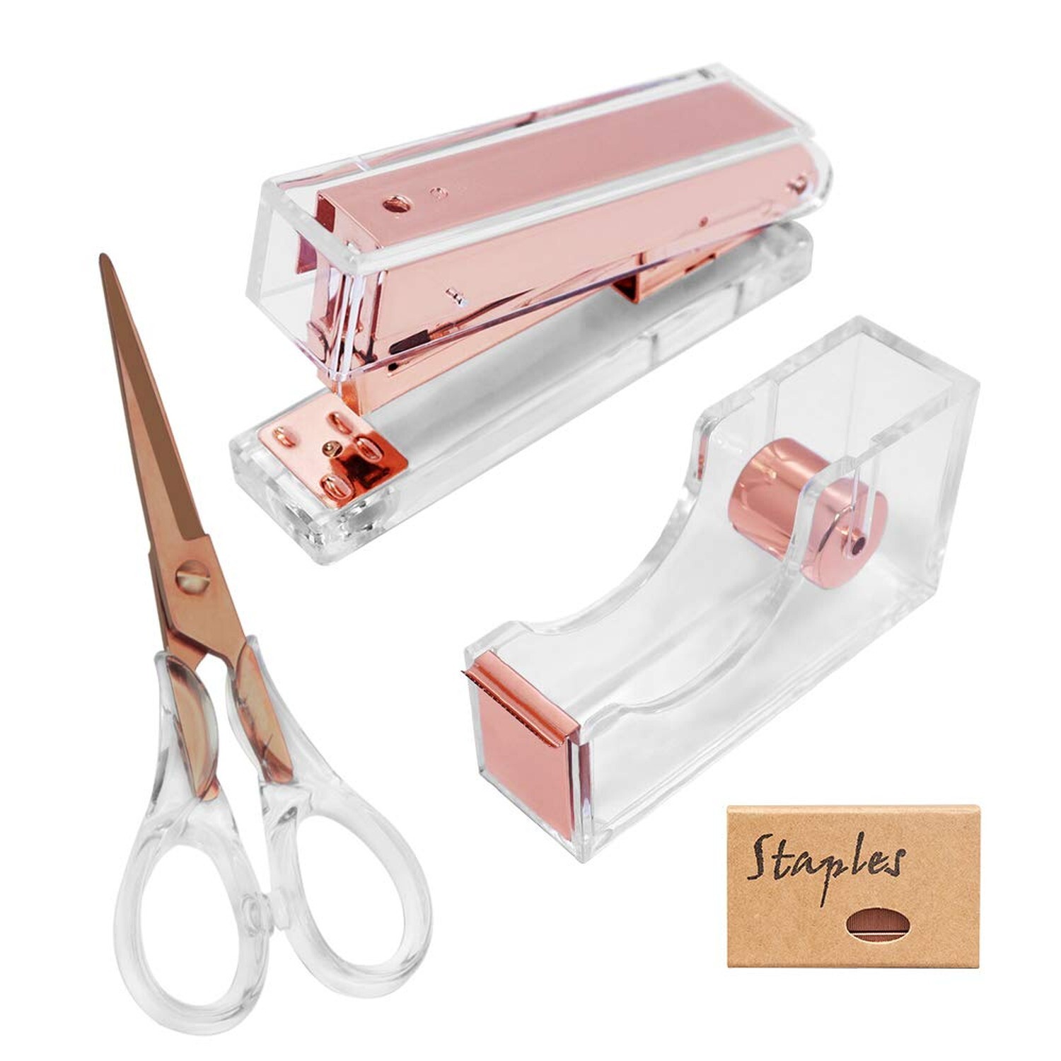 Clear Acrylic Rose Gold Stapler Tape Dispenser Scissors, Office Supplies Desk...-image