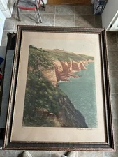 Paul Emile Lecomte Large Color Engraving Lighthouse Cap Frehel Brittany France