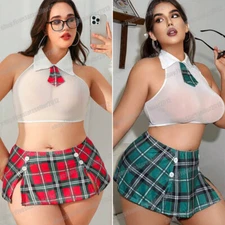 Plus Size Women Sexy Lingerie School Girl Uniform Costume Outfit Mini Skirt Sets
