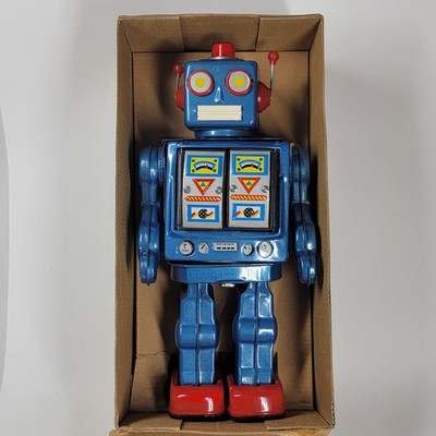 Tin Toy Electron Robot Blue Space Toy with Box Chest Opens Retro Vintage