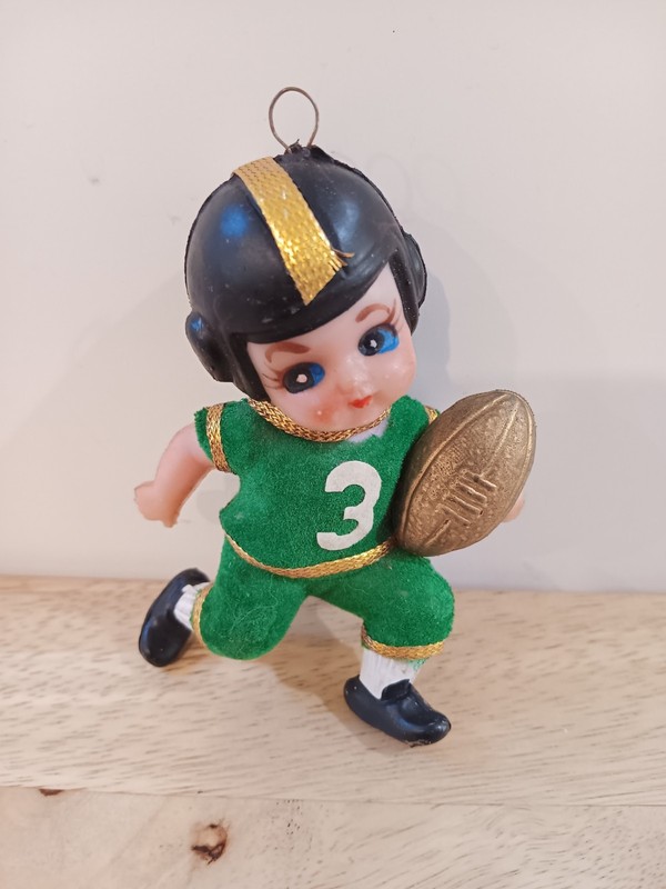 VINTAGE FELT FLOCKED FOOTBALL PLAYER ORNAMENT