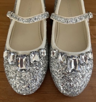 J.Crew Crewcuts Mary Jane Shoes Silver Glitter w Rhinestones US K13 Girls