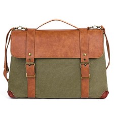 Green Messenger Shoulder Bag, Leather Canvas Laptop Bag, Crossbody Briefcas...