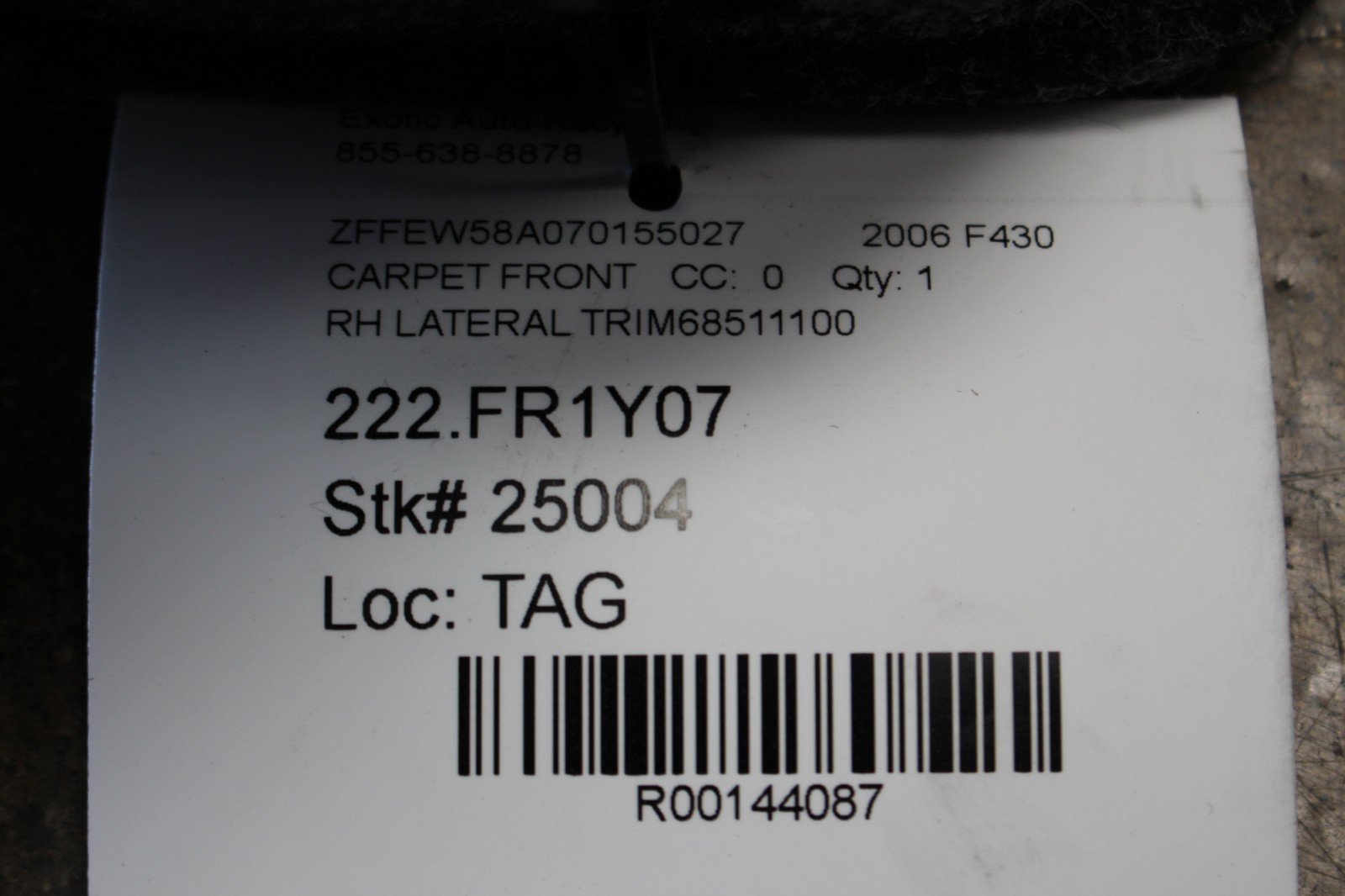 Ferrari F430 Coupe, Spider, RH, Right, Side Wall Carpet, Used, P/N 68511100