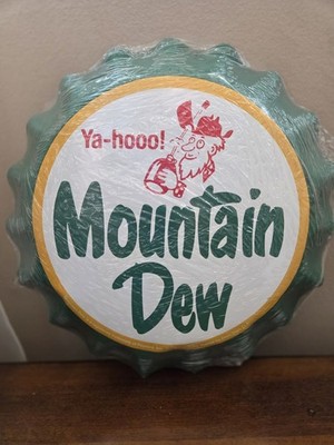 Mountain Dew Advertising Metal Pie Dish Collectible Green White Yellow Round