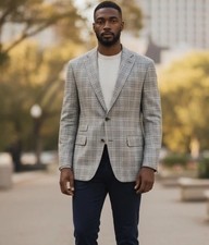 Lauren Ralph Lauren Lassiter 100 Linen Plaid Sport Coat Blazer 38S Cream Grey
