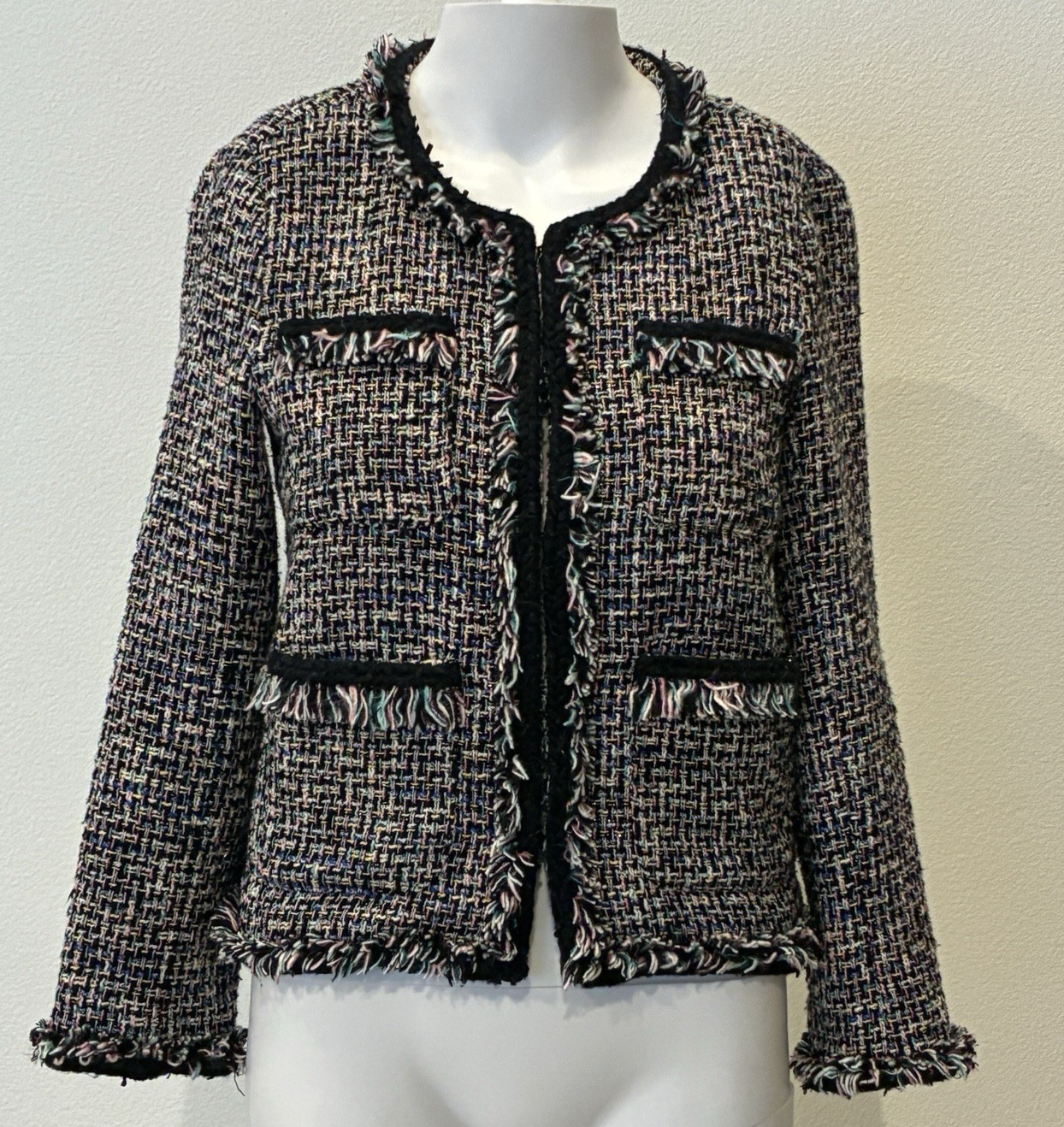 J Crew Lady Metallic Tweed Fringe Jacket Blazer Black Rainbow Career Size 0