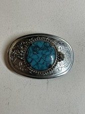 Cowboys Cowgirls Western Scroll Belt Buckle Blue Faux Turquoise Vintage 80s