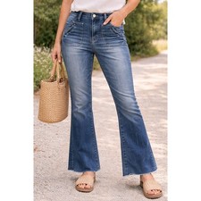 Altar'd State Blue Stretch Faded Raw Hem Flare Jeans Mid Rise Women's Size 28