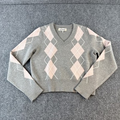 Sweet Republic Sweater Womens Large Gray Pink Argyle V-Neck Knit Pullover