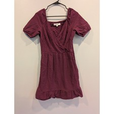 LOFT Burgundy Textured Square Neck Puff Sleeve Ruffle Hem Dress Size 2